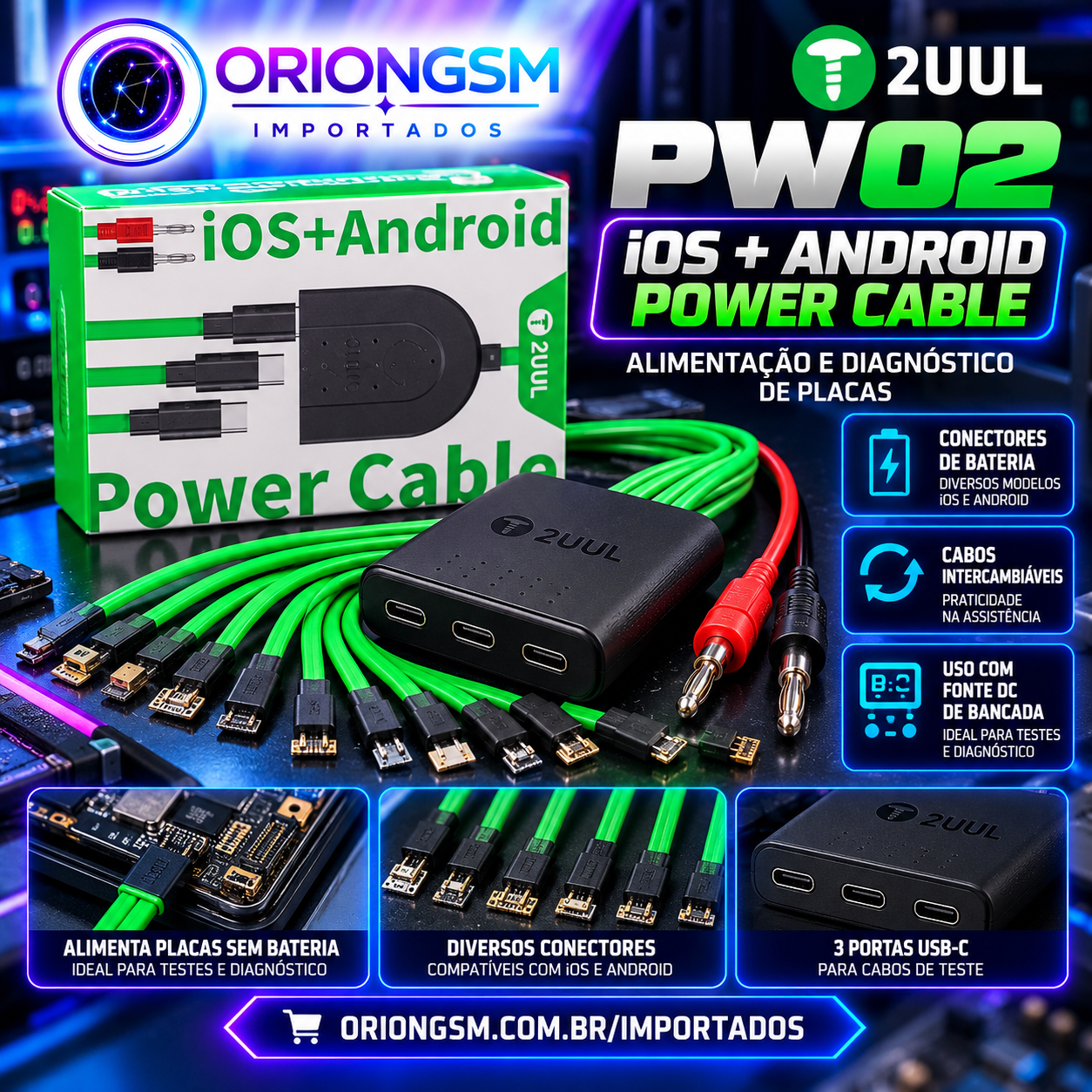 2UUL PW02 iOS + Android Power Cable – Kit de Alimentação e Inicialização de Placas com Conectores de Bateria (ENVIO INTERNACIONAL)