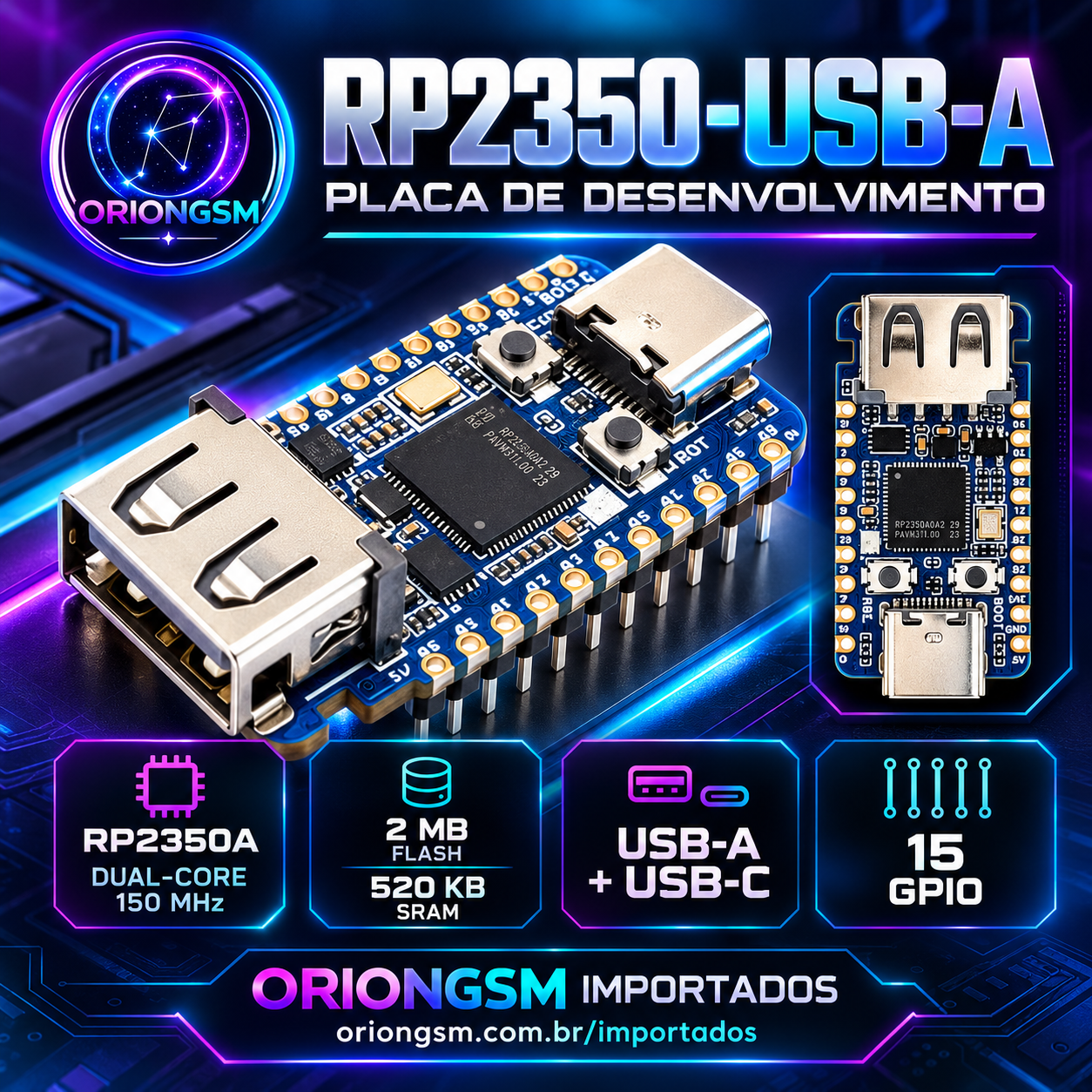Placa de Desenvolvimento Waveshare RP2350-USB-A Raspberry Pi RP2350A Dual-Core 150MHz USB-A/USB-C 2MB Flash (ENVIO NACIONAL)