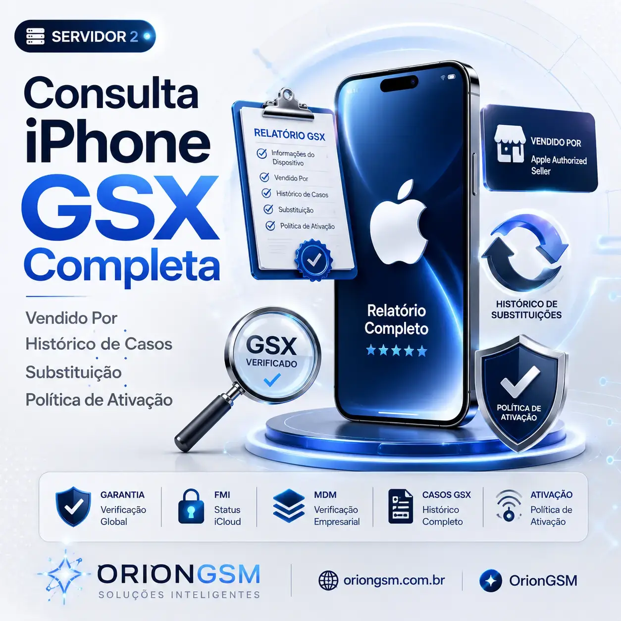 Consulta iPhone GSX Completa – Vendido Por, Histórico de Casos, Substituição e Política de Ativação (Servidor 2)